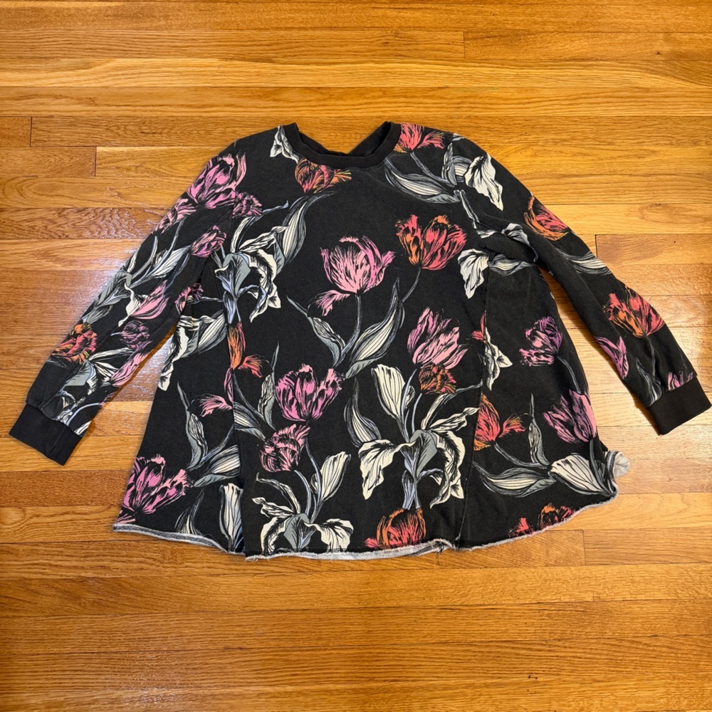Free People "Oh Whata" Floral Tunic Top Terry Sweatshirt - Size Medium Oversized